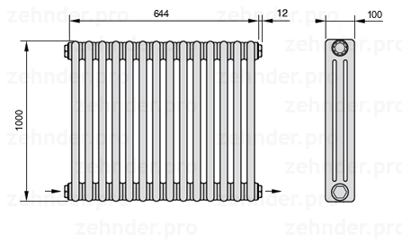 Схема (чертеж) Радиатор Zehnder Charleston 3100/14 №2670 Белый глянцевый RAL 9016